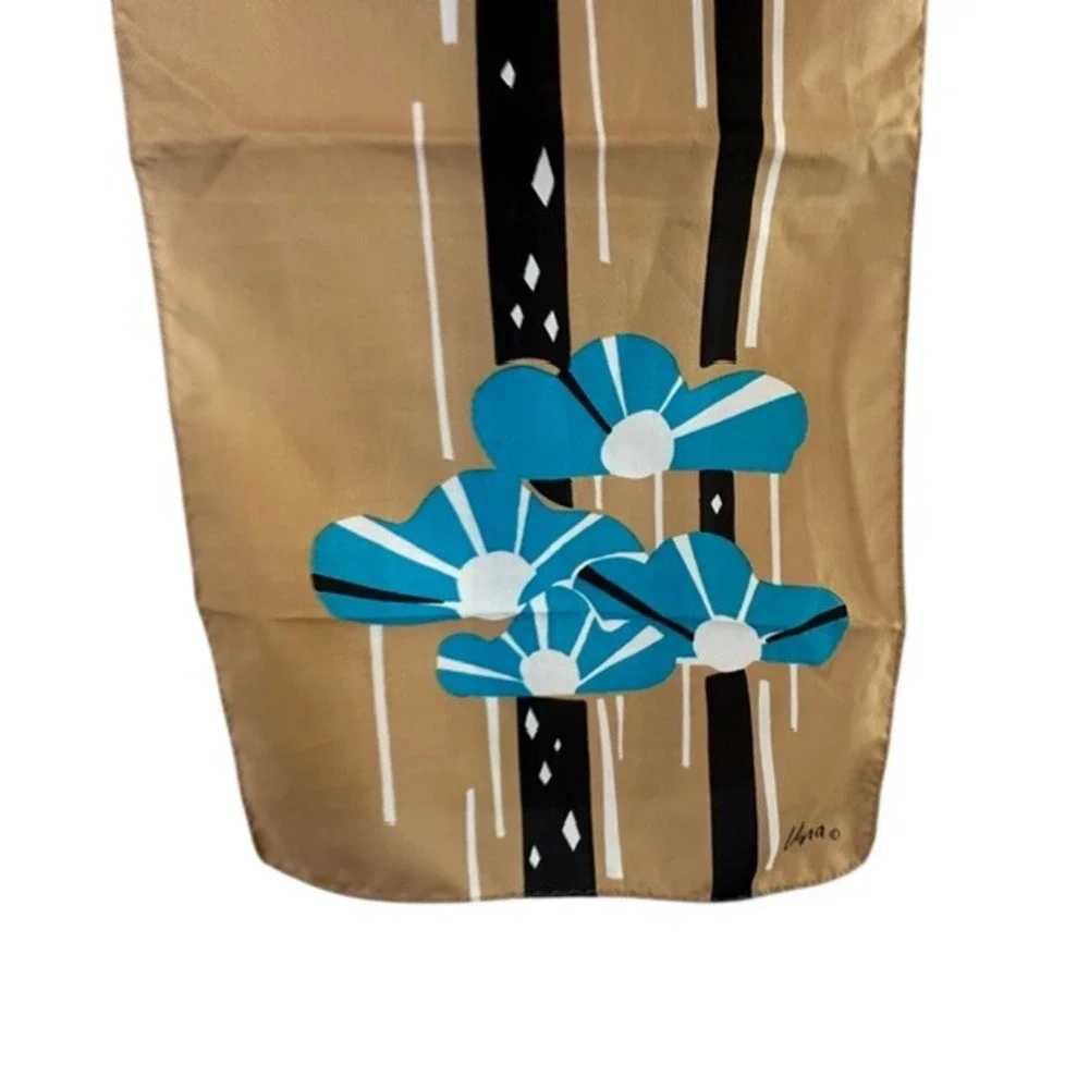 Vera Silk Scarf Vintage 60s 70s Tan Blue Floral Black Geometric‎ Motif